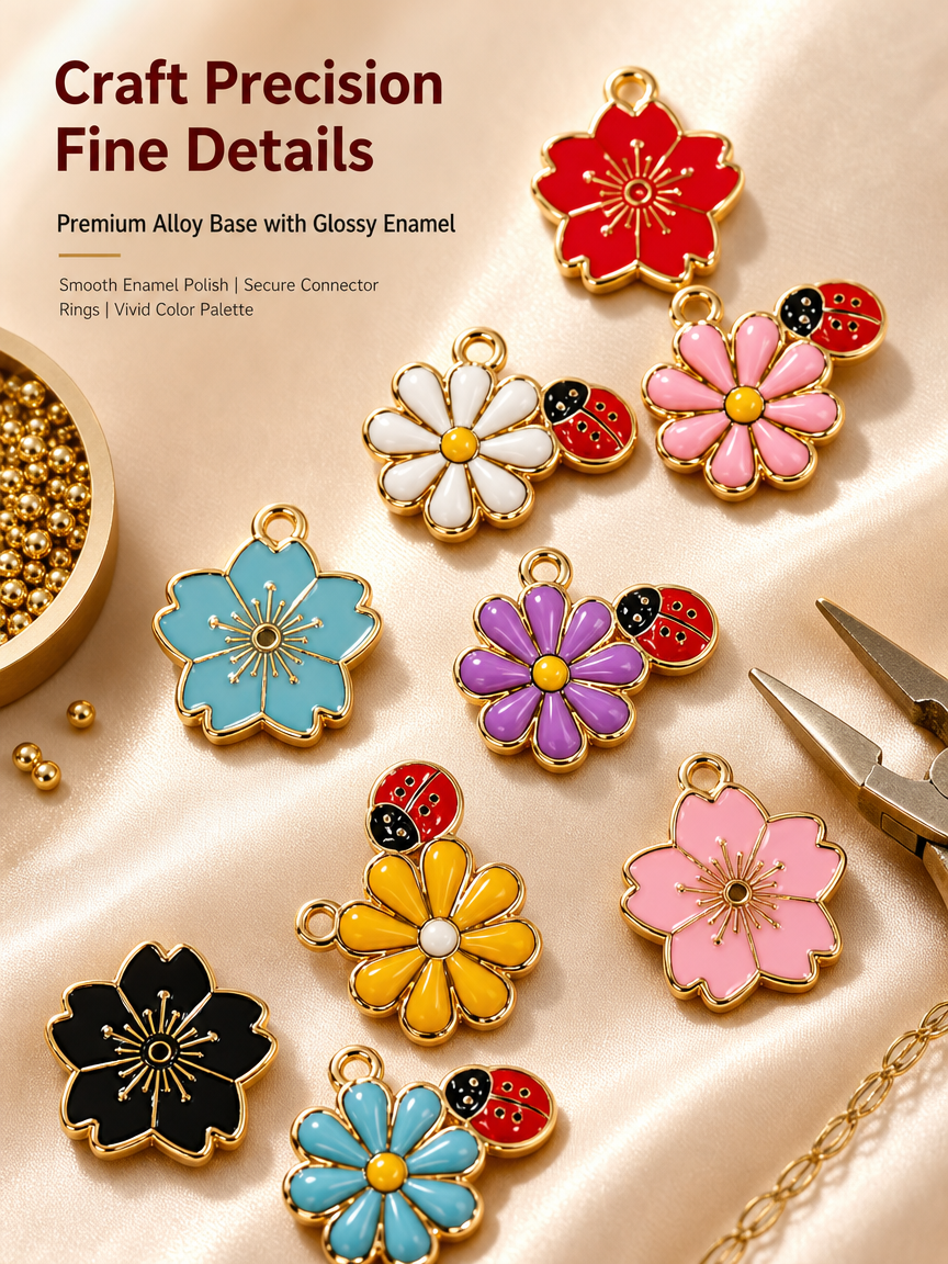 Floral &amp; Ladybug Enamel Charms（ mixed pack）