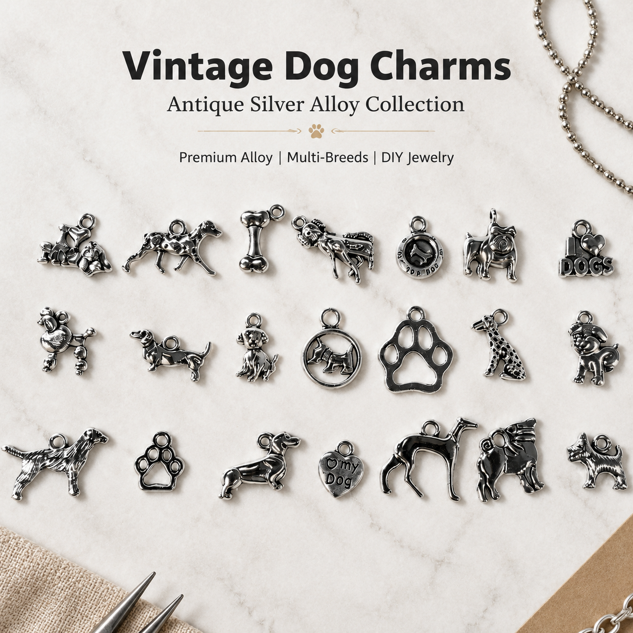 Vintage Dog Charms‑Antique Silver Alloy Collection（ mixed pack）