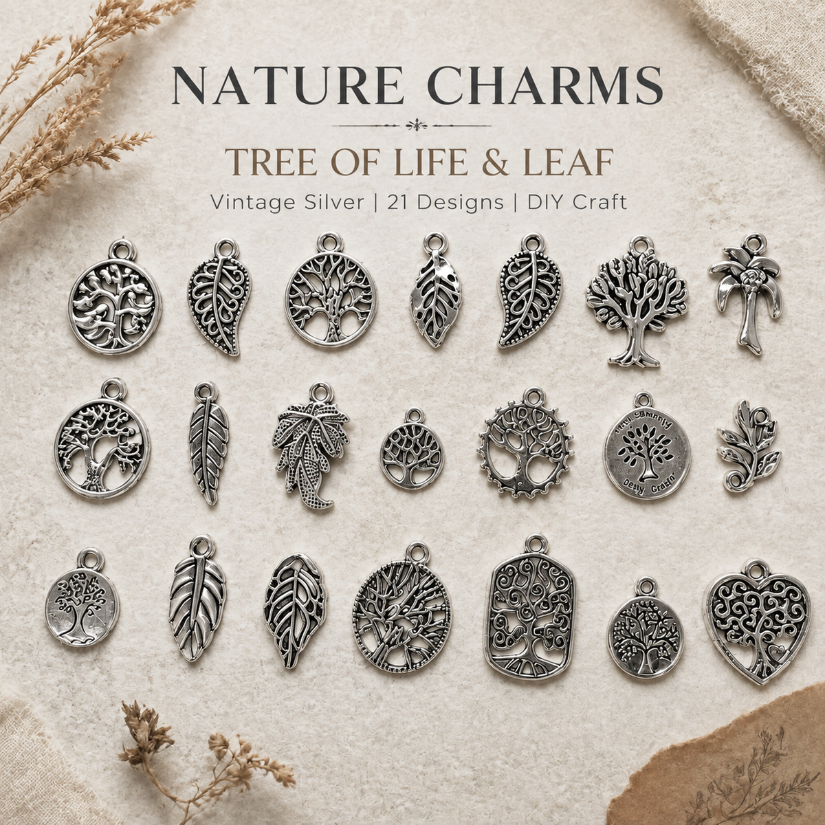 Nature Charms‑Tree of Life & Leaf Vintage Silver Pendants（ mixed pack）