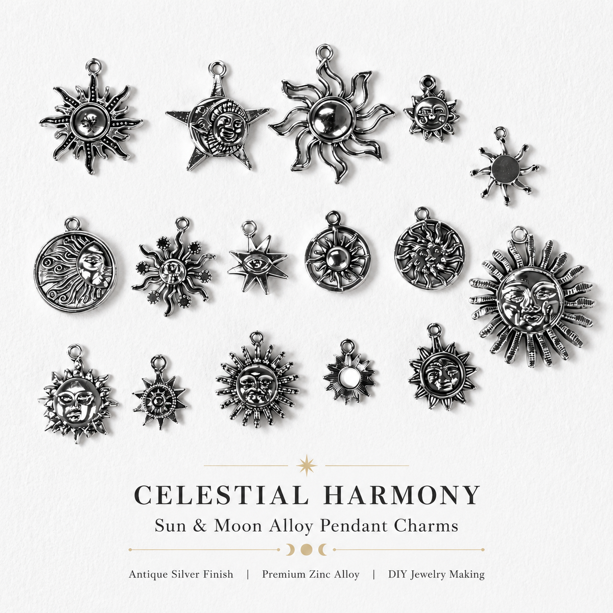 CELESTIAL HARMONY — Sun & Moon Alloy Pendant Charms (mixed pack)