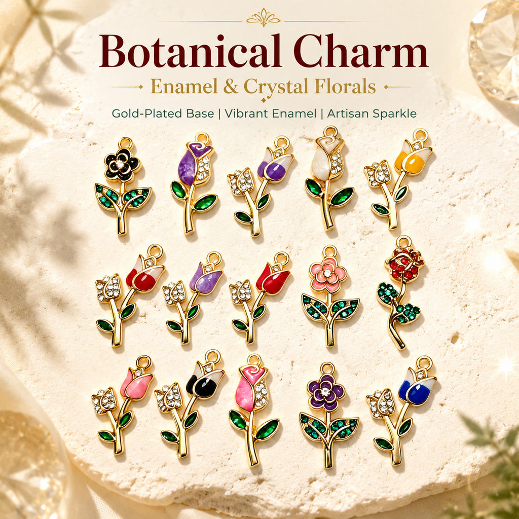 Botanical Charm | Enamel & Crystal Floral Pendants (mixed pack)