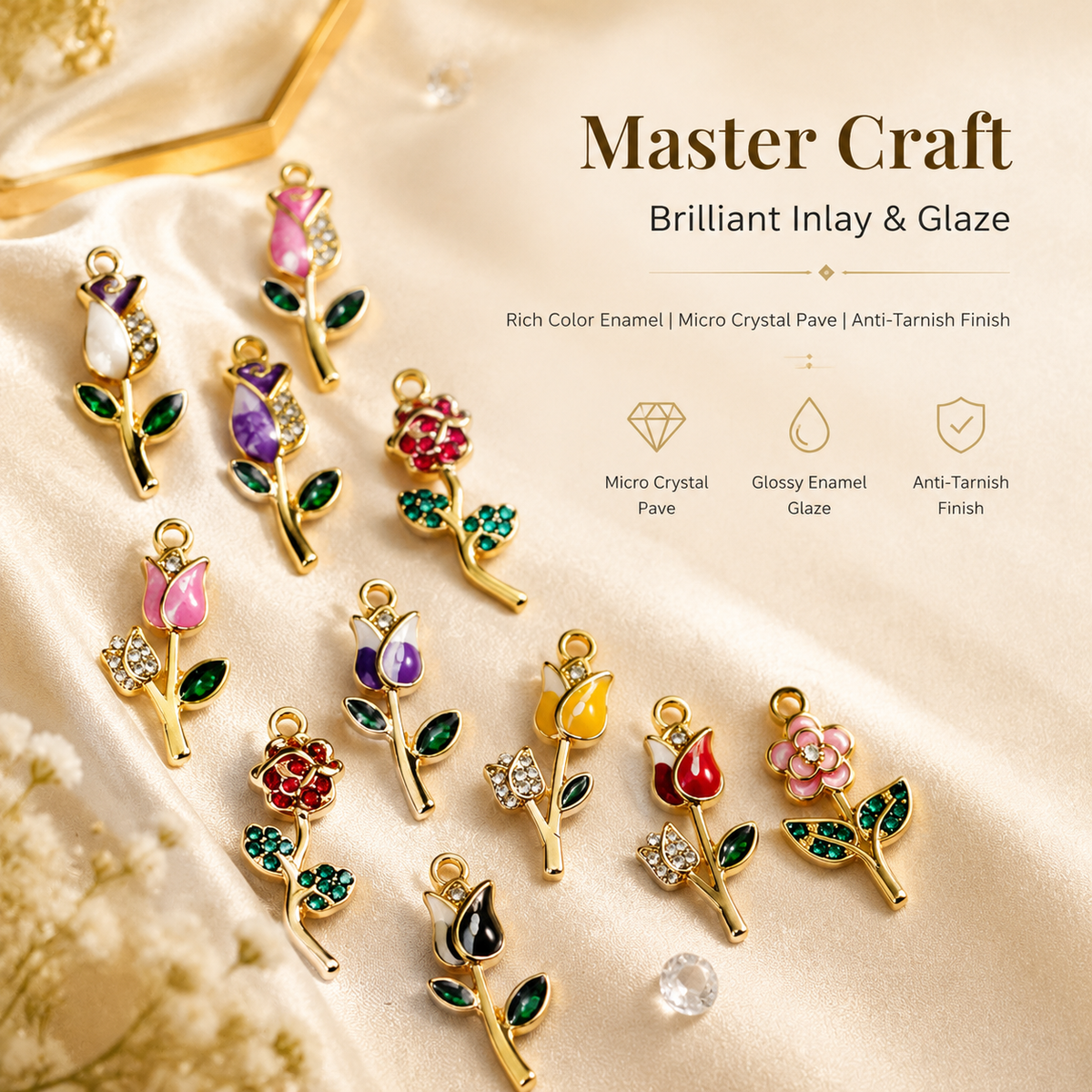 Botanical Charm | Enamel & Crystal Floral Pendants (mixed pack)