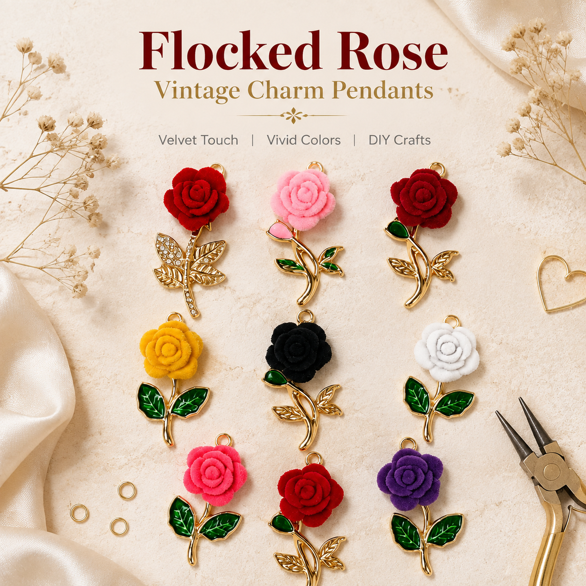 Flocked Rose‑Vintage Charm Pendants（ mixed pack）