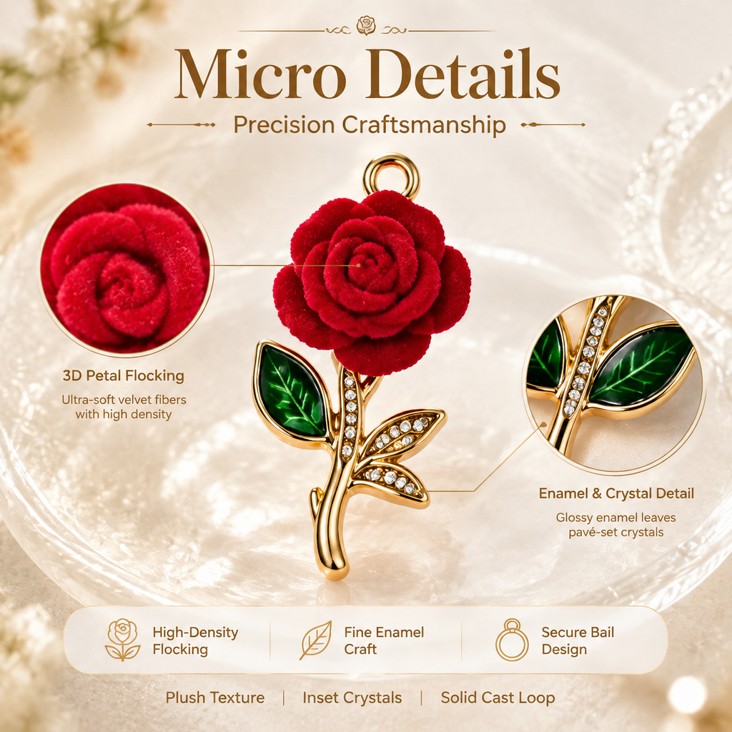 Flocked Rose‑Vintage Charm Pendants（ mixed pack）