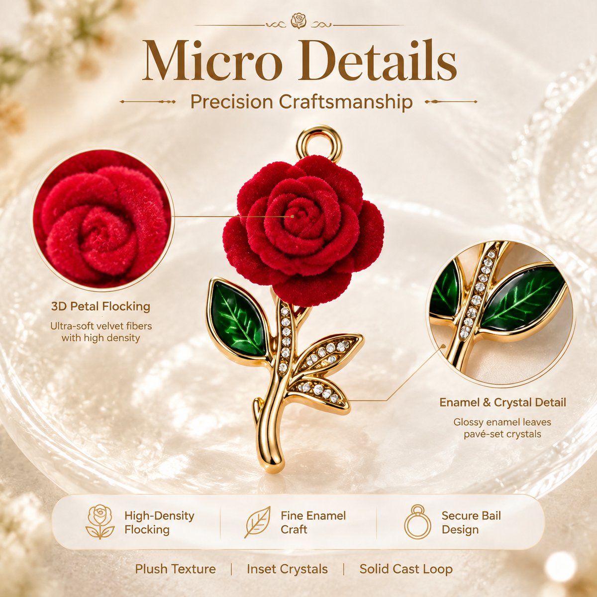 Flocked Rose‑Vintage Charm Pendants（ mixed pack）