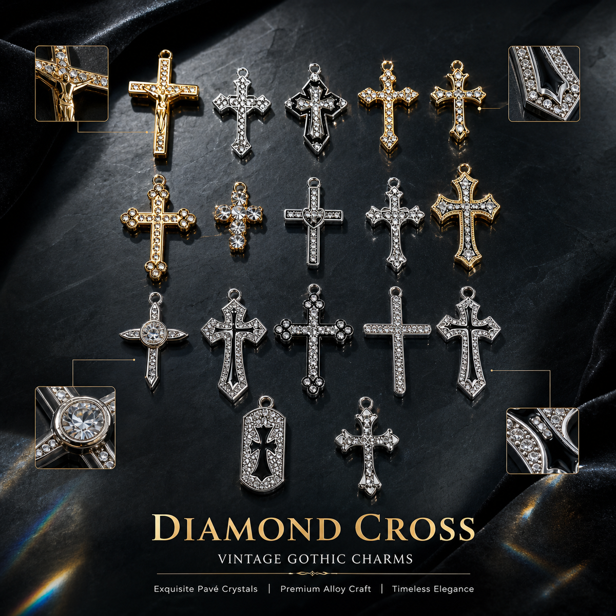 DIAMOND CROSS‑Vintage Gothic Charms（ mixed pack）