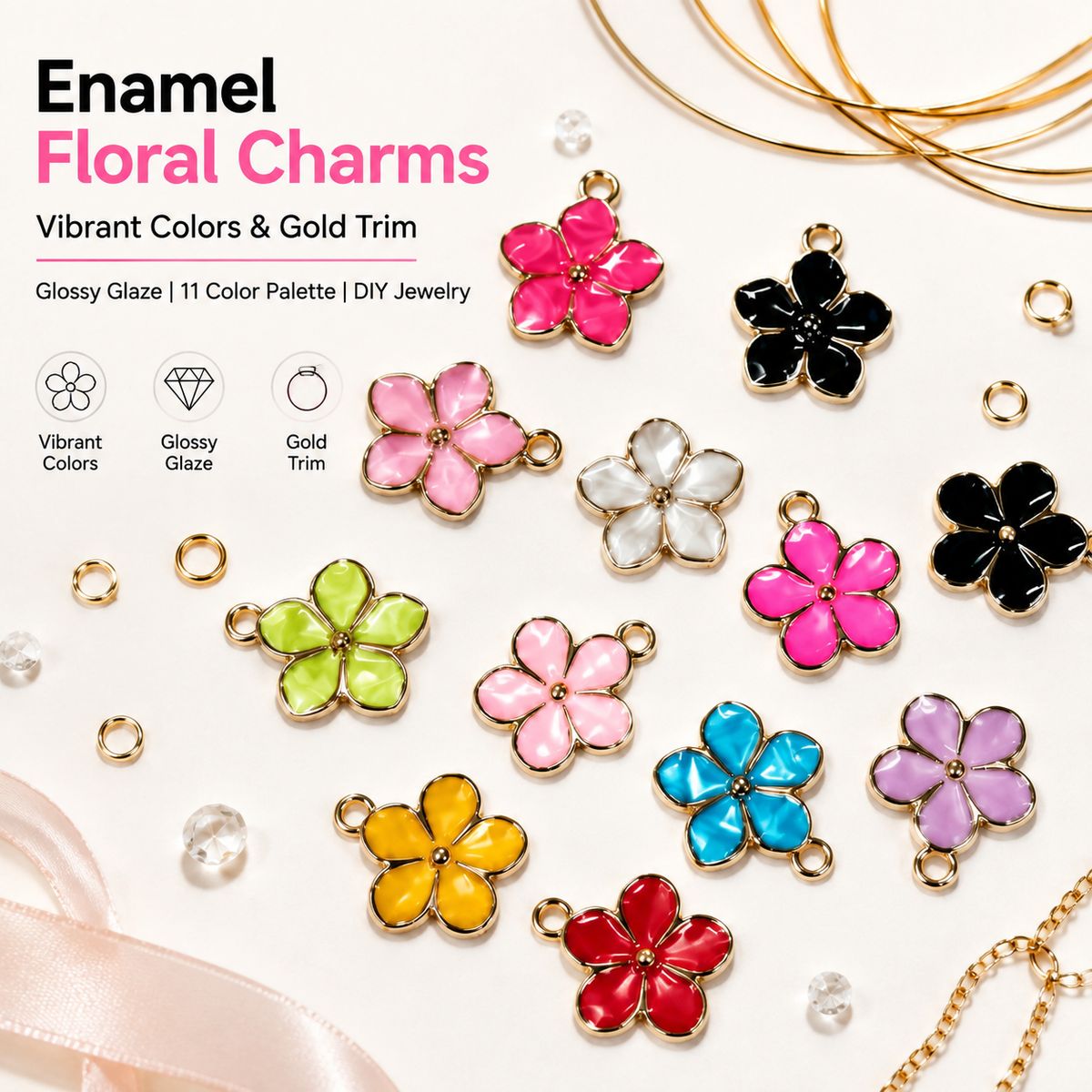 Enamel Floral Charms‑Vibrant Colors &amp; Gold Trim（ mixed pack）